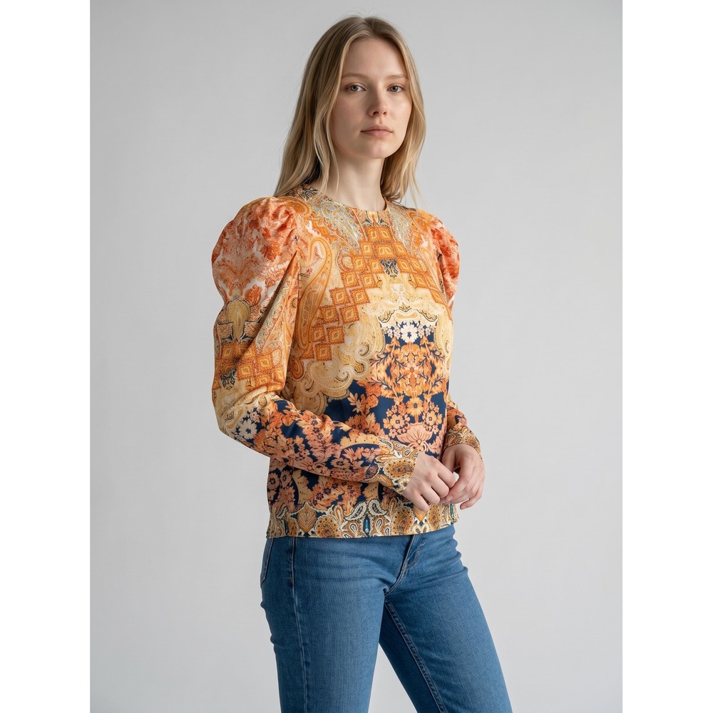 Flying Tomato Orange Paisley Puff Shoulder Long Sleeve Blouse IT11429 Small